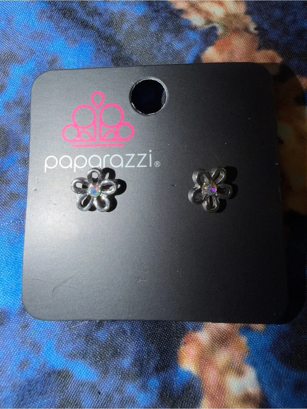 paparazzi Silver Floral Stud Earrings with Iridescent Center